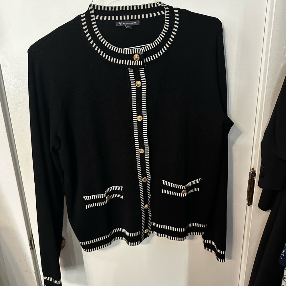 Adrianna Papell Black Cardigan with White Trim and Gold Buttons